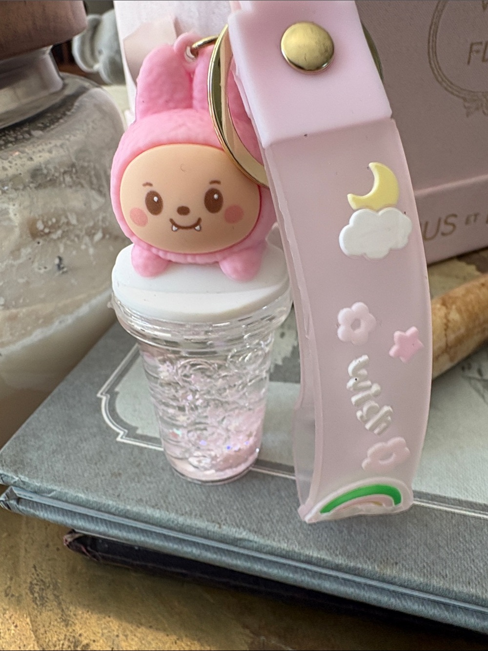 Pink Cute Bunny Character Keychain Wish Rainbow Wristlet Floating Beads New